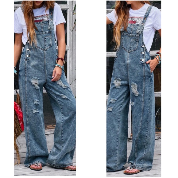 Medium Wash Distressed Wide leg Denim Jean Bib Overalls - Picture 2 of 3